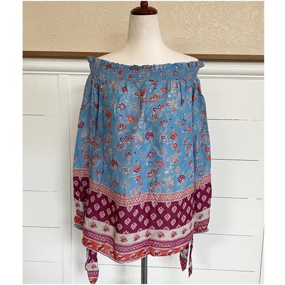 BEACHLUNCHLOUNGE Blue Floral Off Shoulder Boho Peasant Top - S NWT - Picture 4 of 7